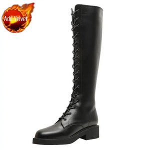 KENSEY High Low Heel Knee High Boots with Round Toe and Lace-Up Design
