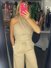 Load image into Gallery viewer, BANA Cotton Linen Trousers Suit with Halter Crop Top and Wide Leg Pants Set for Women