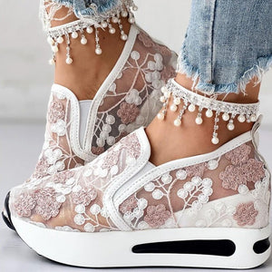 OSLA Women's Heeled Sneakers Bost Stylish Mesh Embroidery Design of Flowers