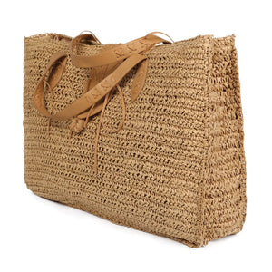 KONA Two Tone Hand-woven Shoulder Tote Bag Bohemian Straw Beach Bag with Tassel