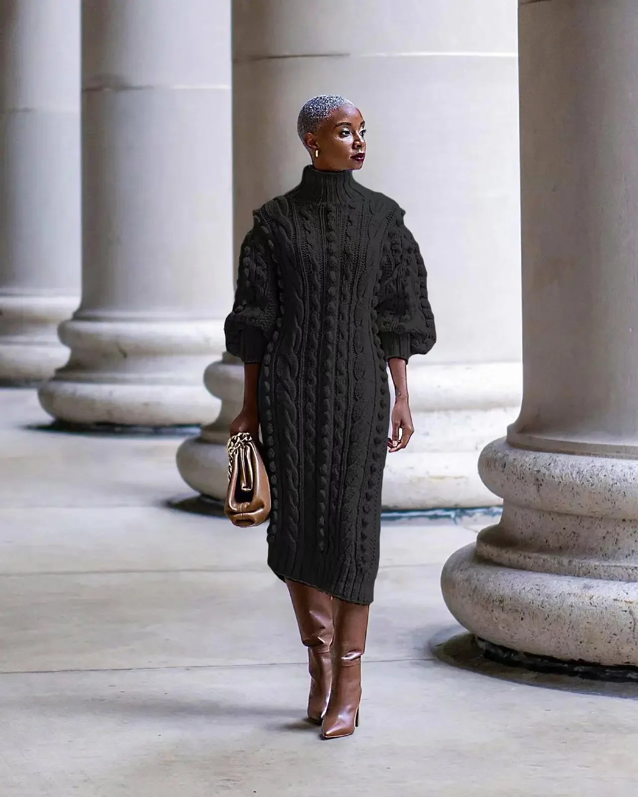 LISBET Women's Turtleneck Dress with a High Split Bali Lumbung LISBET Women's Turtleneck Dress with a High Split Bali Lumbung