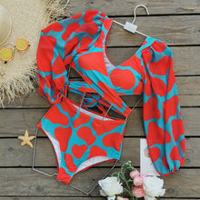 Laden Sie das Bild in den Galerie-Viewer, VANESSA Two pieces Crop Top Long Sleeves Swimwear Mosaic Print Tankini Swimsuit Set