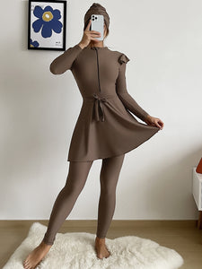 FAARIHA The Color Block High Neck Burkini has a Hijab and Long Sleeves for Modest Swimwear 3 Piece Set