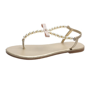 SHARON Classic Pearl Bow-Knot Design Comfortable Clip Toe Flat Sandals - Bali Lumbung