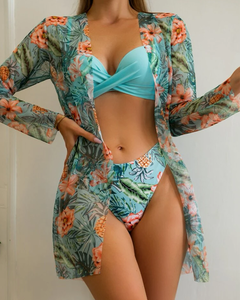 AITANA Flowers Printed Bikinis and Cover-Up Set Features a Lower-Waist Design - Bali Lumbung