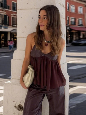KEONY Patchwork Vest for Women with V-Neck and Pleated Sleeveless Design