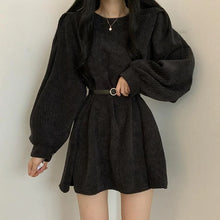 Indlæs billede til gallerivisning LIBO Puffed Sleeves with Belt Corduroy Mini Dress