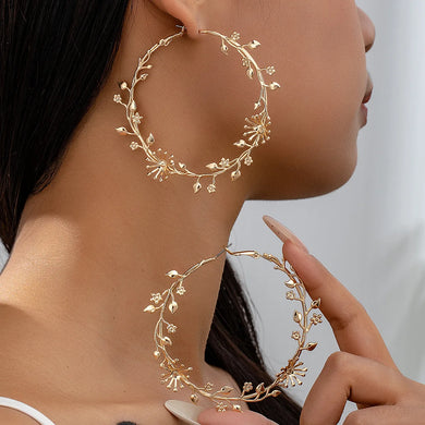 OILA #2 Gold Hoop Earrings for Women with Leaf and Flower Design, Large Circle Shape
