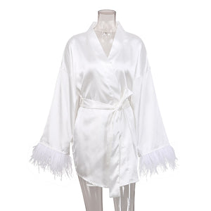 BECKY Elegant Brides Kimono Nightgown Robe Sleepwear Features Beautiful Feathers for a Luxurious Look