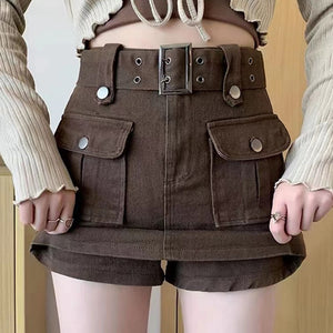 SISY Korean Style High Waist Big Pockets Cargo Mini Culotte Skort with Belt