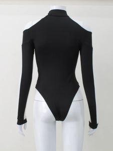 ANGIE V-Neck Sexy Puff Sleeves Solid Skinny Bodysuit