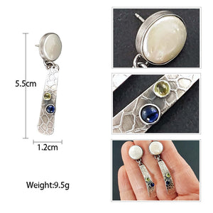 TEAGAN White Pearl Knob Silver Texture Boho Earrings with Green Blue Stones