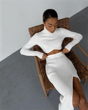 Afbeelding in Gallery-weergave laden, DEB Knitted Turtleneck Crop Top Long Sleeves Sweater High Waist Long Skirt Side Slit Dress Set