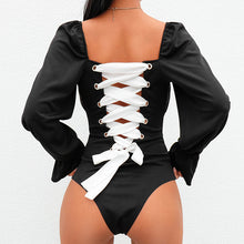 Load image into Gallery viewer, COSMO Bodysuit with Square Collar Lace Back Flare Sleeves