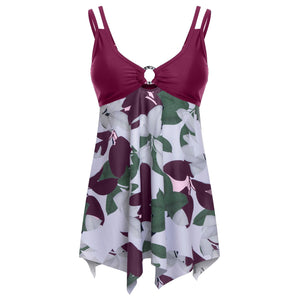 EVELYN Plus Size Leaf Prints V-Neck Tankini Set Two Pieces Swimwear Size S-XXL