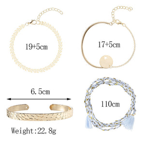 POE 4 Pcs/Set Vintage Gold e Weave Rope Chain Bohemian Sequin Heart Leaves Tassel Bracelet Set - Bali Lumbung