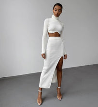 Laden Sie das Bild in den Galerie-Viewer, DEB Knitted Turtleneck Crop Top Long Sleeves Sweater High Waist Long Skirt Side Slit Dress Set