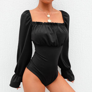 COSMO Bodysuit with Square Collar Lace Back Flare Sleeves