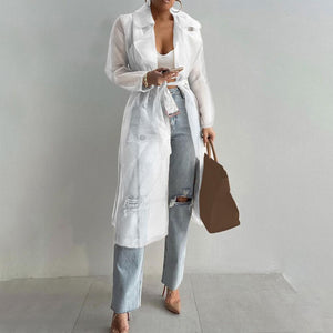 MILLIE Elegant See Through Spring Solid Sheer Mesh Long Sleeve Buttoned Coat With Belt - Bali Lumbung