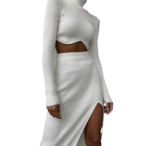 DEB Knitted Turtleneck Crop Top Long Sleeves Sweater High Waist Long Skirt Side Slit Dress Set