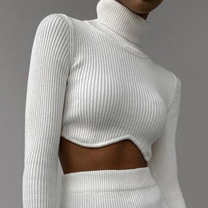 DEB Knitted Turtleneck Crop Top Long Sleeves Sweater High Waist Long Skirt Side Slit Dress Set