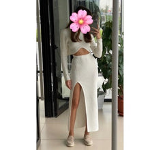 Load image into Gallery viewer, DEB Knitted Turtleneck Crop Top Long Sleeves Sweater High Waist Long Skirt Side Slit Dress Set