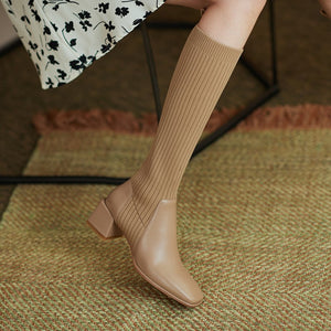 DANIA Thick Heel Knee High Retro Stretch Socks Boots - Bali Lumbung