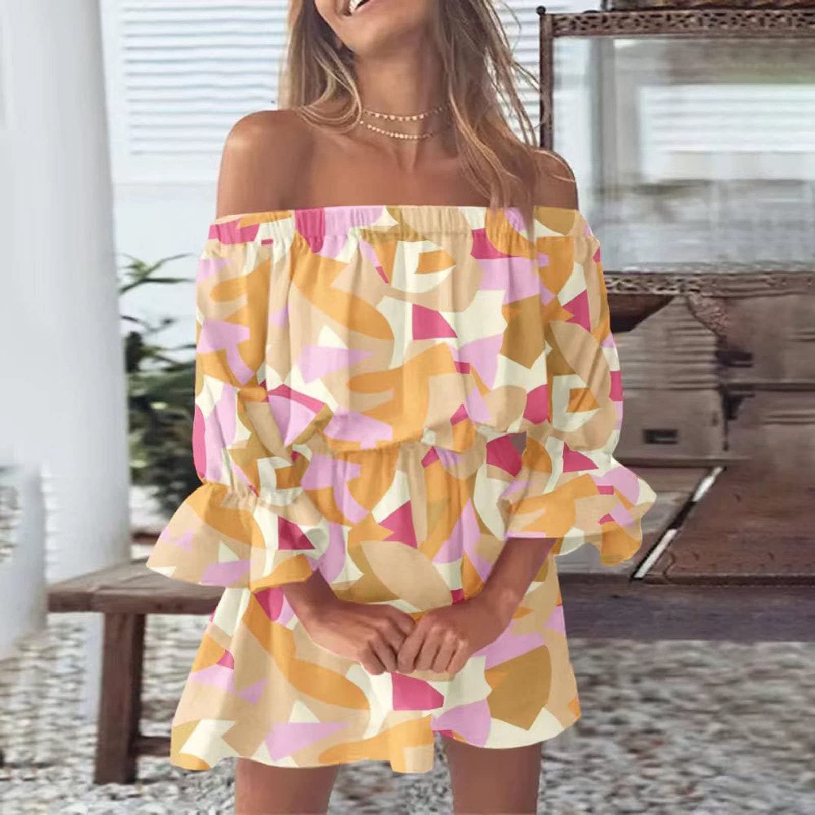 MAG Boho Summer Cute Dress Off Shoulder Mini Sundress Bali Lumbung MAG Boho Summer Cute Dress Off Shoulder Mini Sundress Bali Lumbung