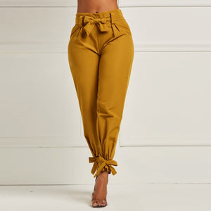 OMI Summer Solid Color Pants with Waist Belt Bowtie