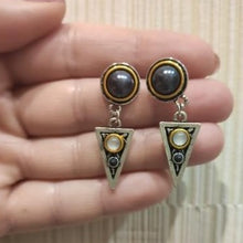 Load image into Gallery viewer, SADE Chic Triangle and Round Pearl Moonstone Black Beads Vintage Silver Drop Earrings