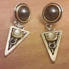 SADE Chic Triangle and Round Pearl Moonstone Black Beads Vintage Silver Drop Earrings
