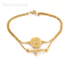 Load image into Gallery viewer, St Benedict 2-Medal Cross Charm Gold/Silver Multi Layer Bracelet - Bali Lumbung