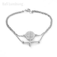 Afbeelding in Gallery-weergave laden, St Benedict 2-Medal Cross Charm Gold/Silver Multi Layer Bracelet - Bali Lumbung