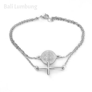 St Benedict 2-Medal Cross Charm Gold/Silver Multi Layer Bracelet - Bali Lumbung