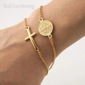 St Benedict 2-Medal Cross Charm Gold/Silver Multi Layer Bracelet - Bali Lumbung