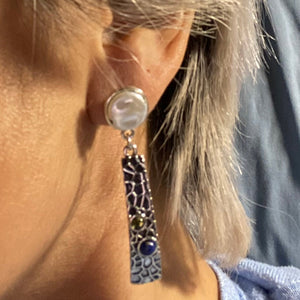 TEAGAN White Pearl Knob Silver Texture Boho Earrings with Green Blue Stones
