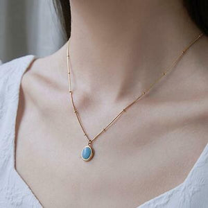 LILA Stainless Steel Crystal Natural Stone Oval Pendant Bead Chain Necklace - Bali Lumbung