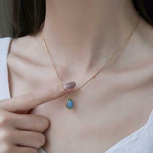 LILA Stainless Steel Crystal Natural Stone Oval Pendant Bead Chain Necklace - Bali Lumbung