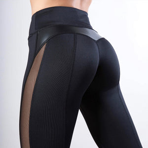 DEVOUR Women's High Waist Fitness Legging Mesh and PU Leather Patchwork Yoga Pants