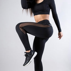 DEVOUR Women's High Waist Fitness Legging Mesh and PU Leather Patchwork Yoga Pants