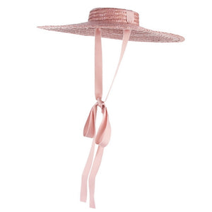 NARA Cool Summer Hat with a Flat Top and Wide Brim Trimmed with Ribbons