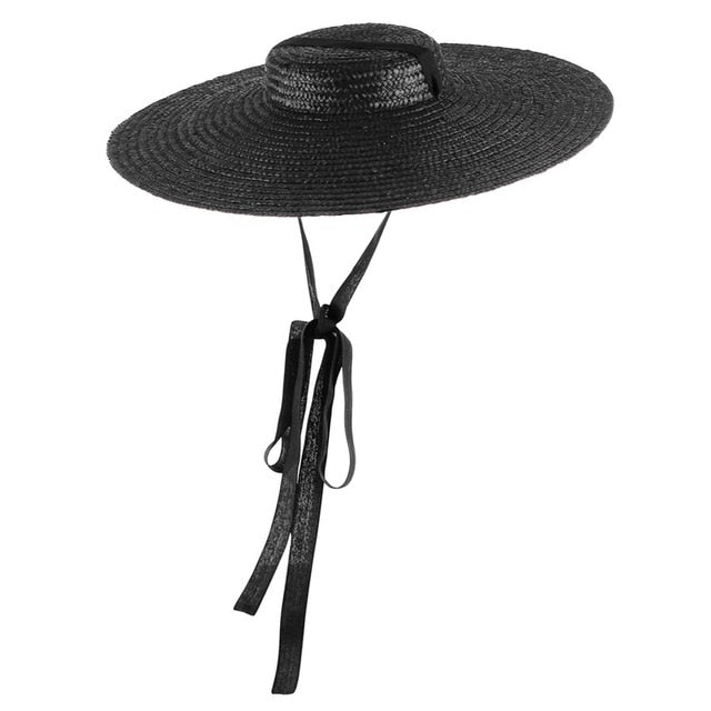 NARA Cool Summer Hat with a Flat Top and Wide Brim Trimmed with Ribbons