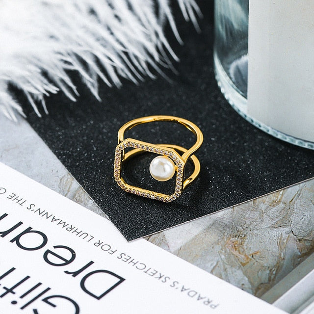 LINEA New Geometric Style Zircon Mixed Simulated Pearl Rings Fashion