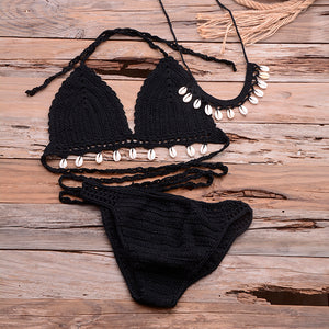 LEIMOMI 3pcs Crochet Shell Tassel Bikini Top and Hollow-out Low Waist Bikini Bottom Set with Seashell Necklaces - Bali Lumbung
