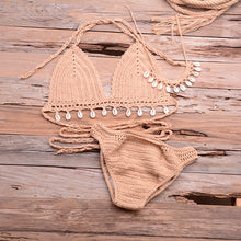 Laden Sie das Bild in den Galerie-Viewer, LEIMOMI 3pcs Crochet Shell Tassel Bikini Top and Hollow-out Low Waist Bikini Bottom Set with Seashell Necklaces - Bali Lumbung