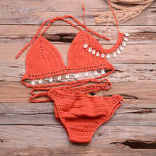 Laden Sie das Bild in den Galerie-Viewer, LEIMOMI 3pcs Crochet Shell Tassel Bikini Top and Hollow-out Low Waist Bikini Bottom Set with Seashell Necklaces - Bali Lumbung