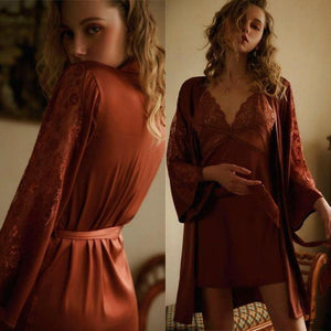 PAULINE Lace Trim Women Satin Short Suit Sexy Loose Kimono Sleepwear Lingerie