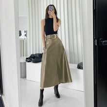 Cargar imagen en el visor de la galería, JODIE PU Leather Skirt Women Belt With Sashes Slim High Waist A-line Elegant Skirt