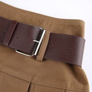 ARCHER Brown Pleated Mini Skirt High Waisted Skort with Belt