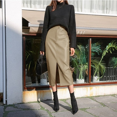 CARA High Waist Front Split Vegan Leather Midi Skirt – Bali Lumbung